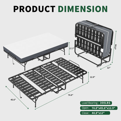 Twin Wide Folding Bed For Tall People, Extra Long &amp; Wide Rollaway With Memory Foam, Heavy-Duty Capacity Guest, Spacious Portable Cot - Black