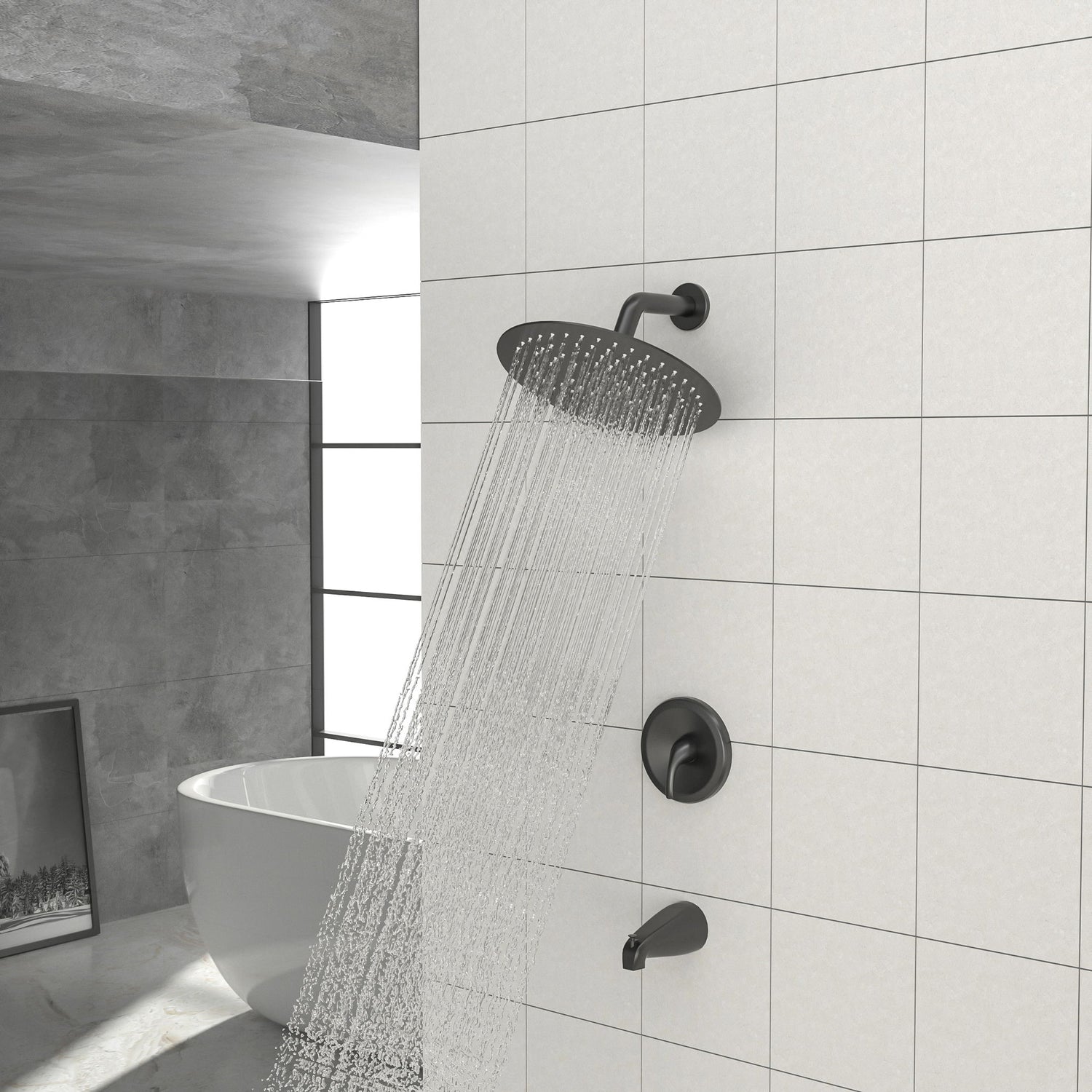 10&quot; Round Rain Shower Head System With Waterfall Tub Spout, Wall Mounted, Stainless Steel