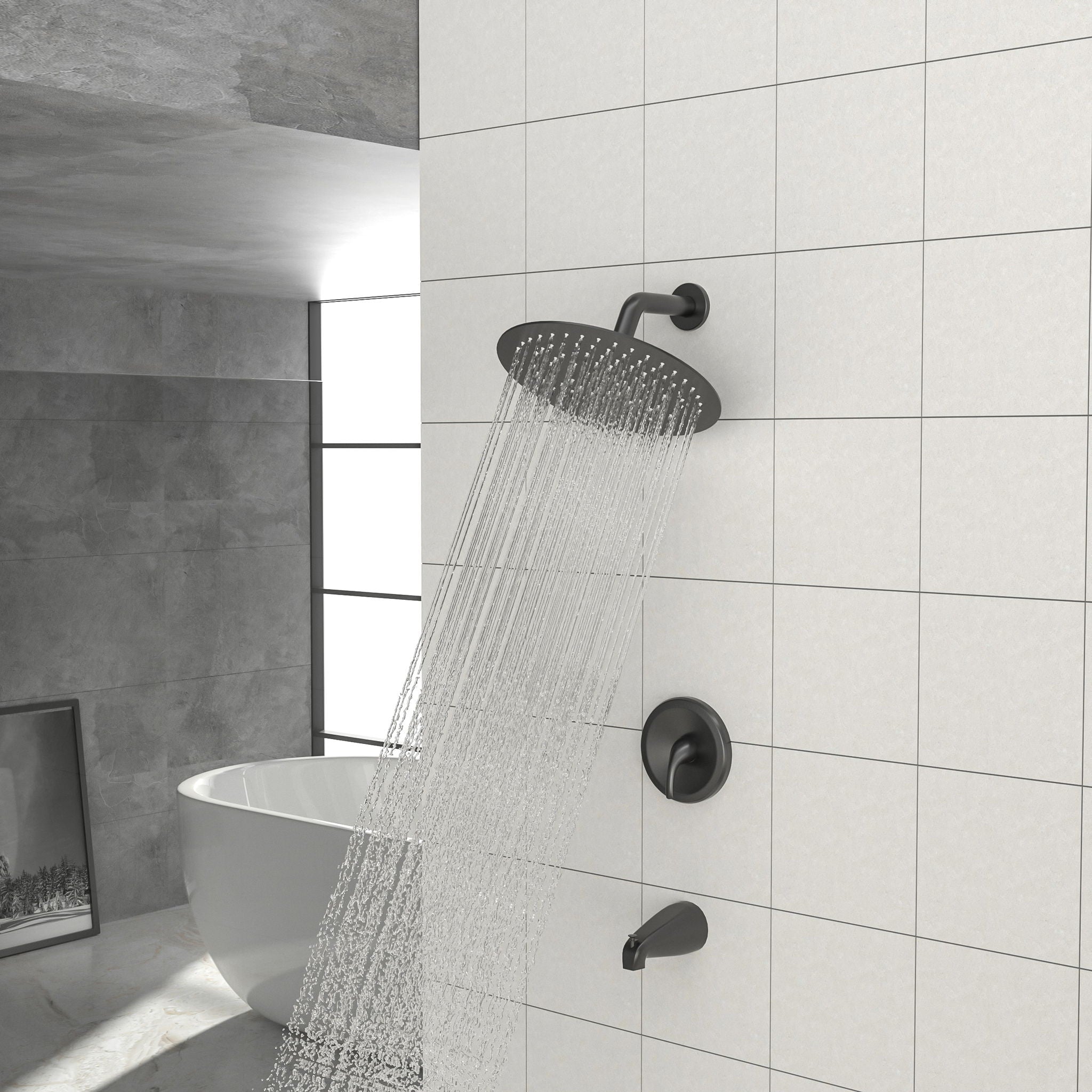 10&quot; Round Rain Shower Head System With Waterfall Tub Spout, Wall Mounted, Stainless Steel