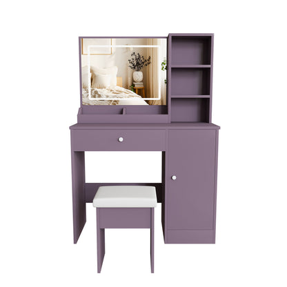 Vanity Desk Set With Padded Stool &amp; Adjustable LED Mirror, 3 Color Mode Lighting, Compact For Bedroom - Purple
