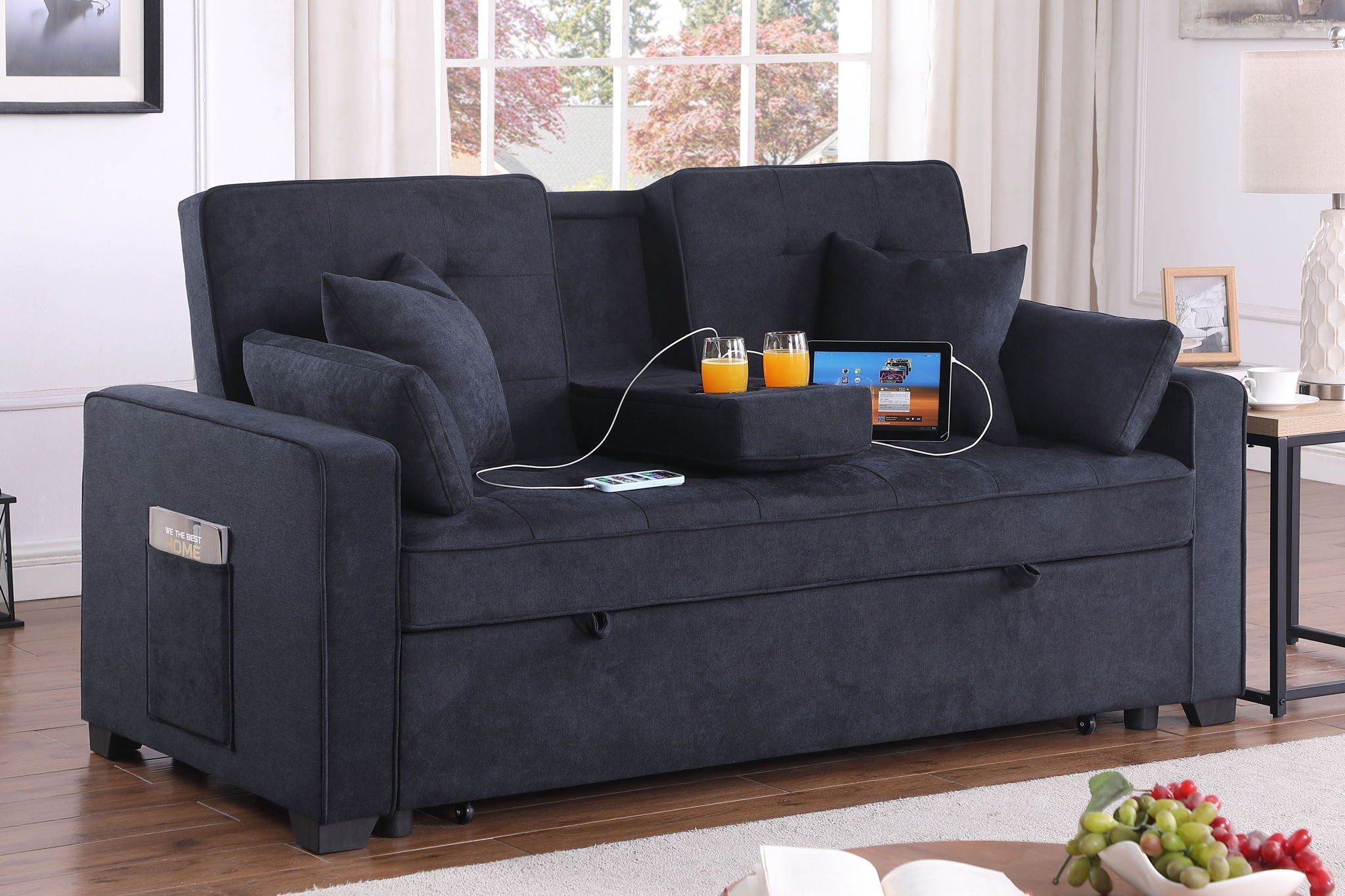 Cody II - 69.5&quot;W Woven Fabric Convertible Sleeper Loveseat with Cup Holder