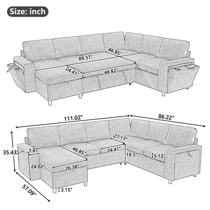 U - Shaped Convertible Sectional Sofa Bed With Storage, USB Charger &amp; Cup Holders