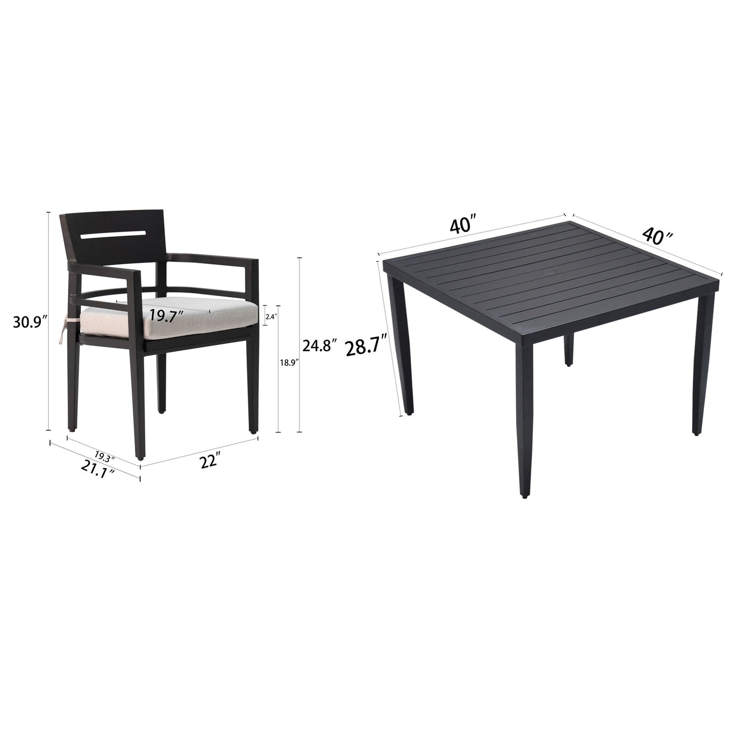 5 Piece Outdoor Patio Modern Dining Set, 4 Dining Chairs Sunbrella Fabric And Square Dining Table With Umbrella Hole - Ember Black