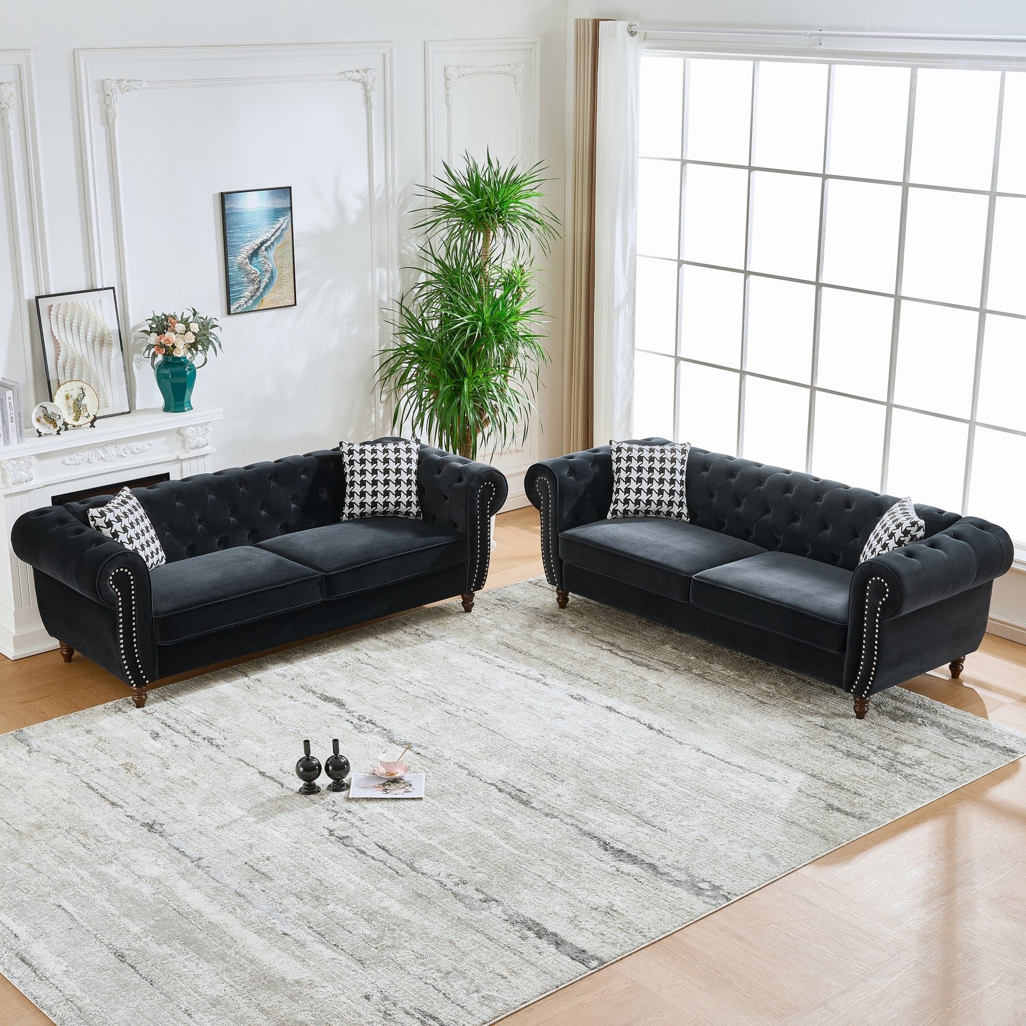Chesterfield Velvet Upholstery Fabric Sofa With Roll Armrest &amp; Nailhead, Mid Century Modern 3 And 3 Seater Couch