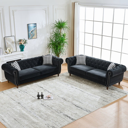 Chesterfield Velvet Upholstery Fabric Sofa With Roll Armrest &amp; Nailhead, Mid Century Modern 3 And 3 Seater Couch