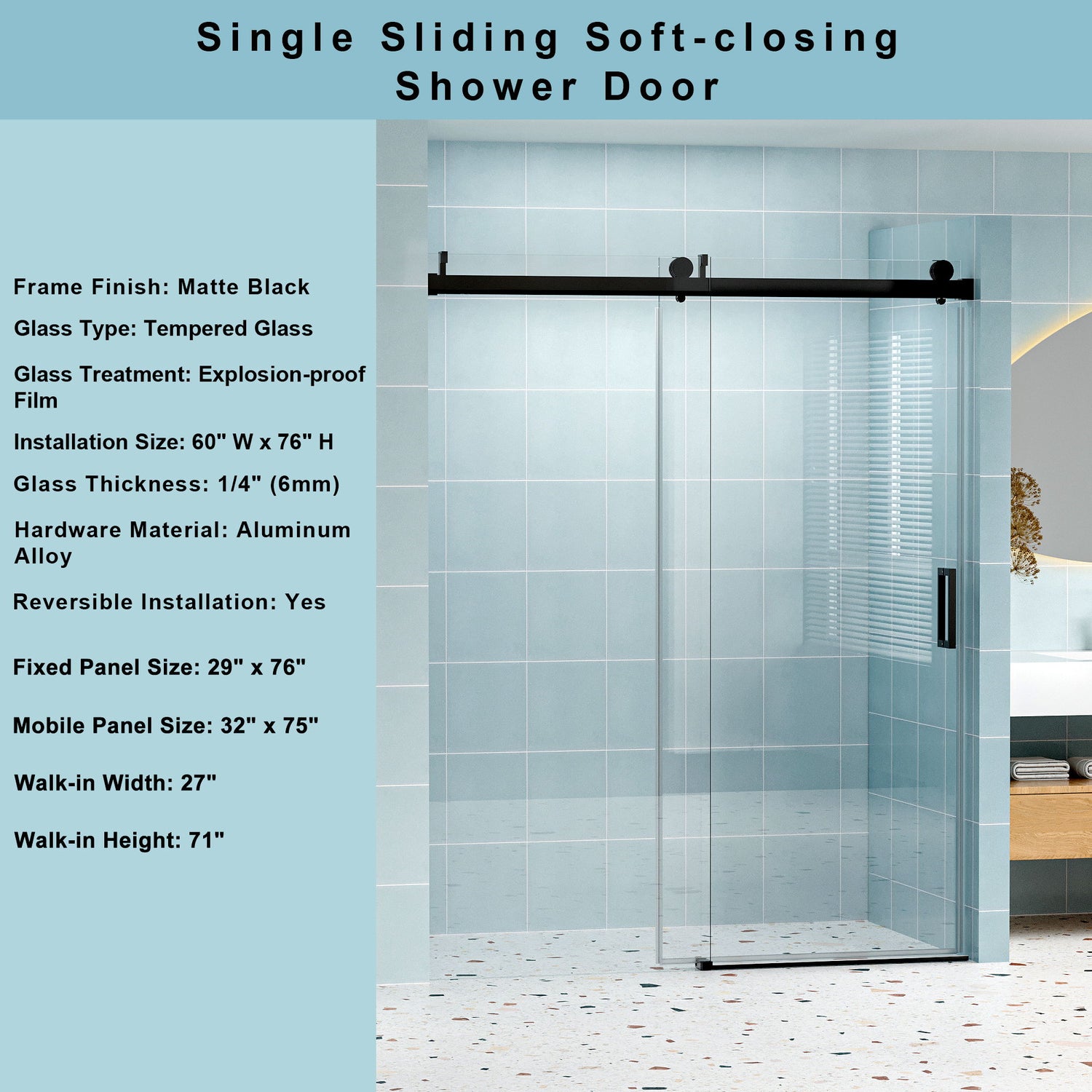 Frameless Soft-Closing Shower Door, 1/4&quot; (6 Mm) Tempered Glass Single Sliding With Explosion Proof Coating