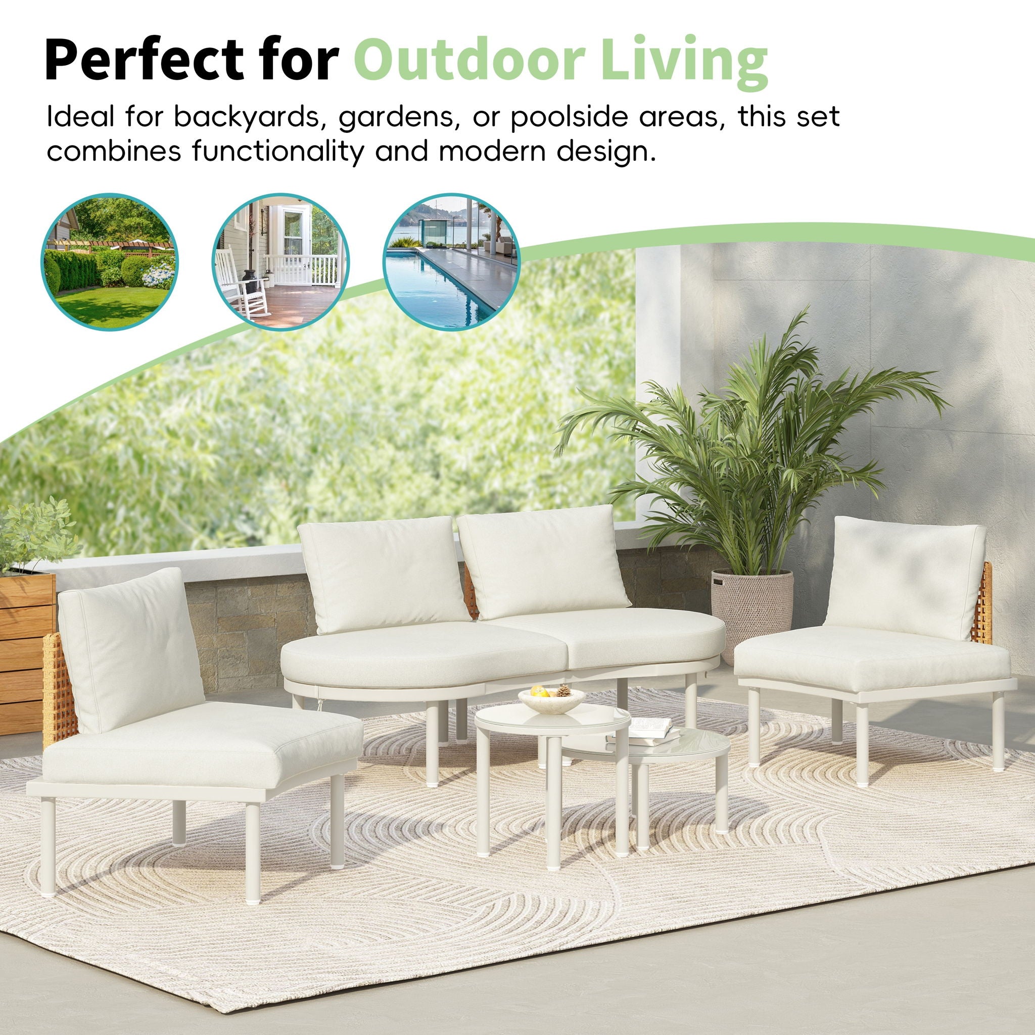 6 Piece Patio Set, Half Moon Outdoor Sectional Sofa With 2 High Low Coffee Tables, 4 Pillows &amp; Cushions