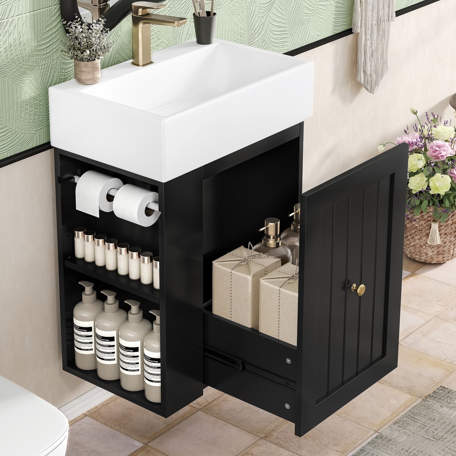 Modern Bathroom Vanity With Sink, Storage Cabinet, Drawer &amp; Side Shelf