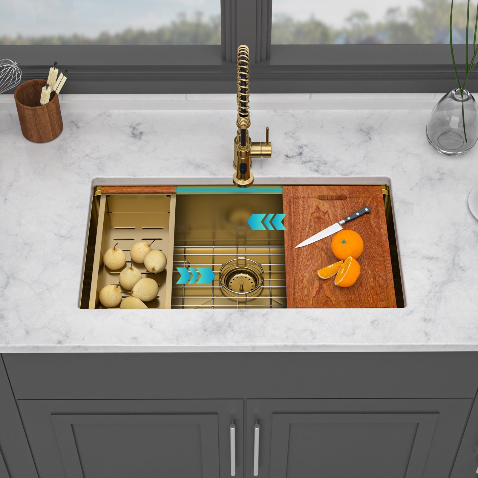 Undermount Kitchen Sink 36 X 19 X 9&quot;, 16 Gauge Deep Workstation Sink With Cutting Board And Accessories - Gold