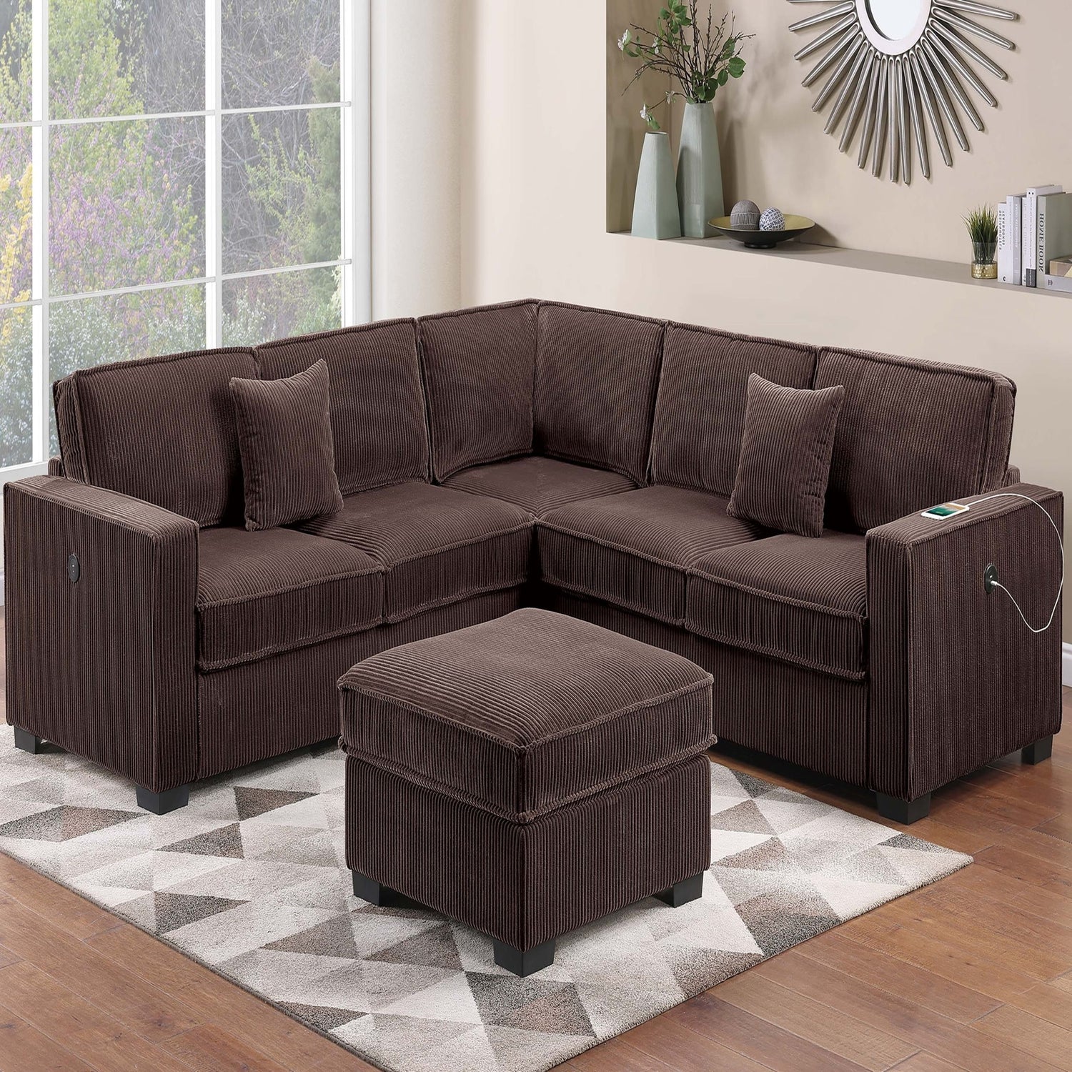 4 Piece Sectional Set With USB Ports, Left Arm Facing / Right Arm Facing Loveseat, Corner Wedge, Cocktail Ottoman, 2 Pillows - Chocolate