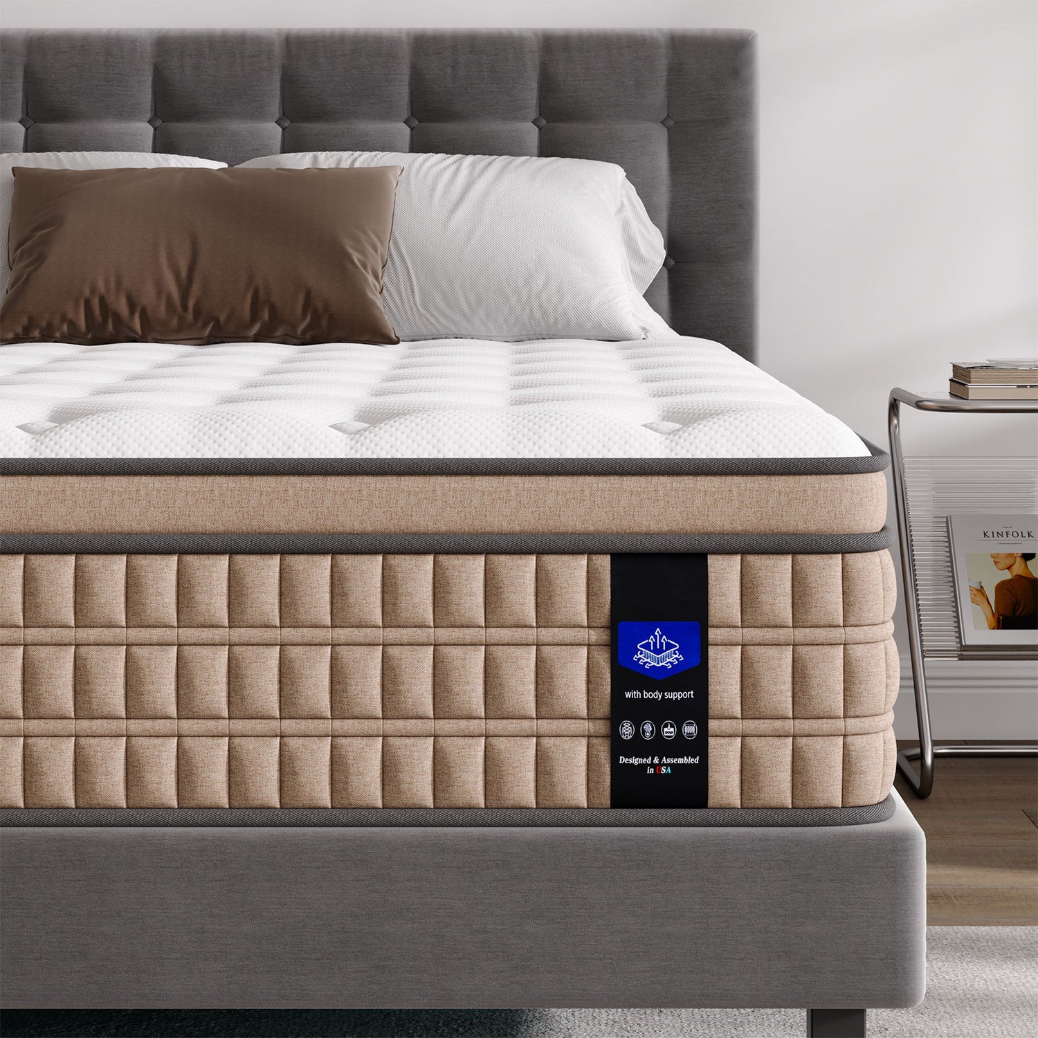 14" King Mattress Hotel Collection Hybrid Mattress With Gel Memory Foam &amp; Pocket Springs - Brown / White