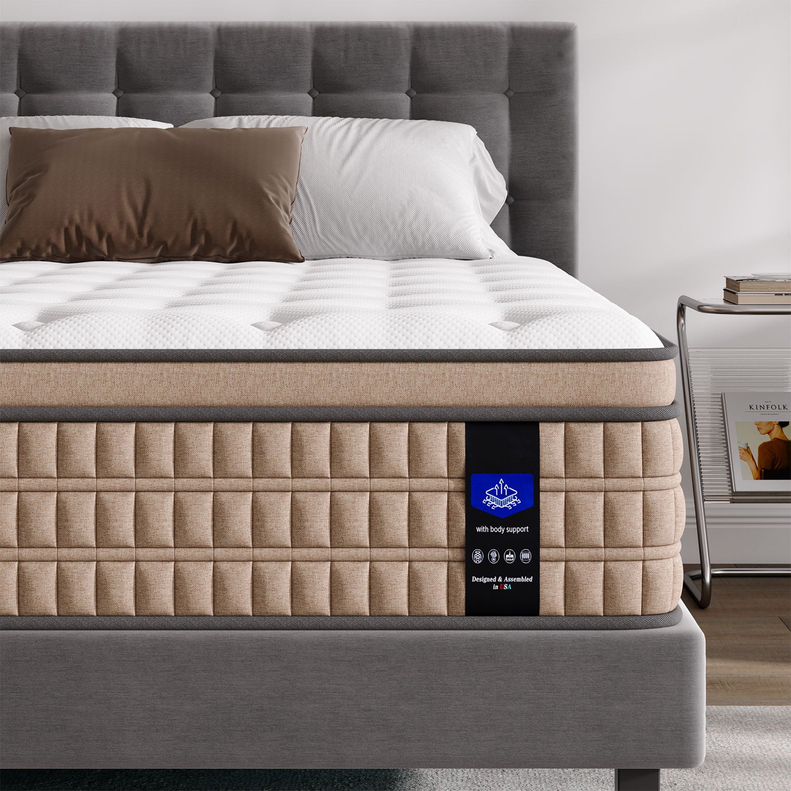 14" King Mattress Hotel Collection Hybrid Mattress With Gel Memory Foam &amp; Pocket Springs - Brown / White