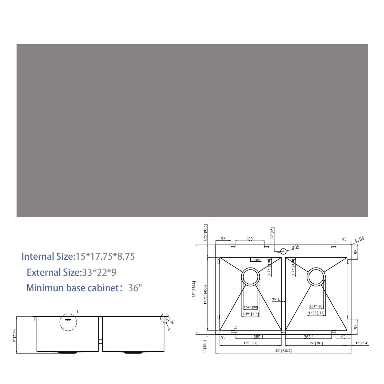 Double Bowl Drop In Kitchen Sink, 16 Gauge Stainless Steel With 2 9&quot; Deep Basins - Gunmetal Black
