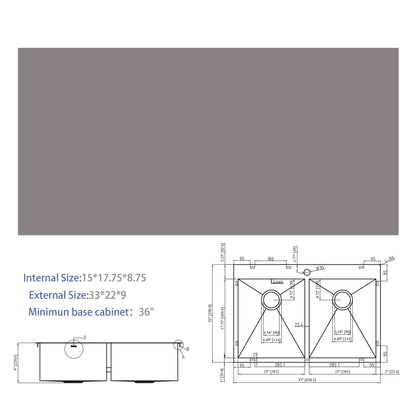 Double Bowl Drop In Kitchen Sink, 16 Gauge Stainless Steel With 2 9&quot; Deep Basins - Gunmetal Black