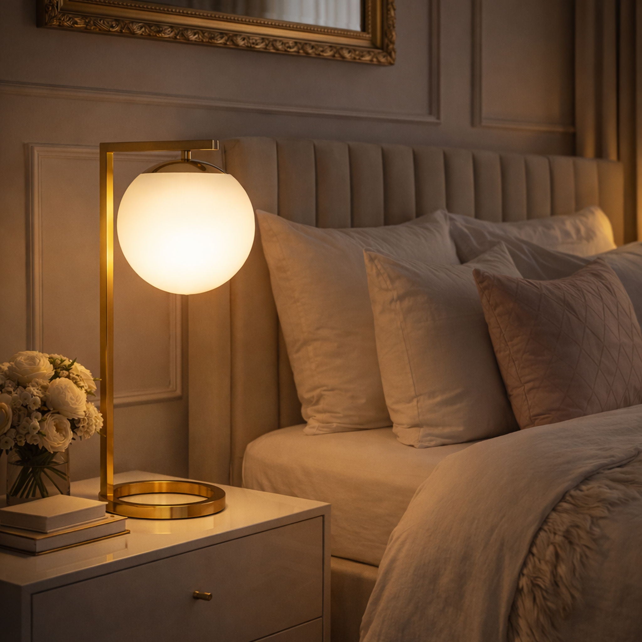 Globe Table Lamp Opal With Dimmer Switch Inline - Gold / White