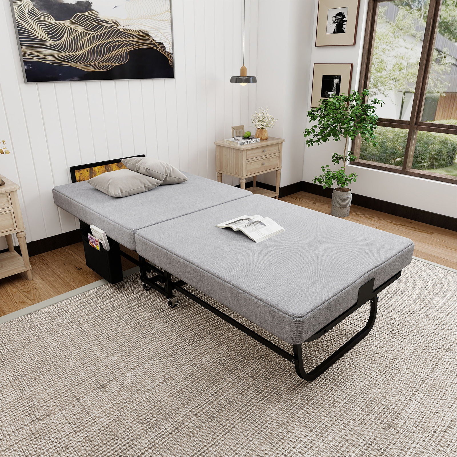 Twin Folding Bed With Headboard &amp; USB Charging Station - Gray