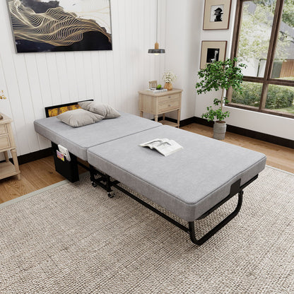 Twin Folding Bed With Headboard &amp; USB Charging Station - Gray