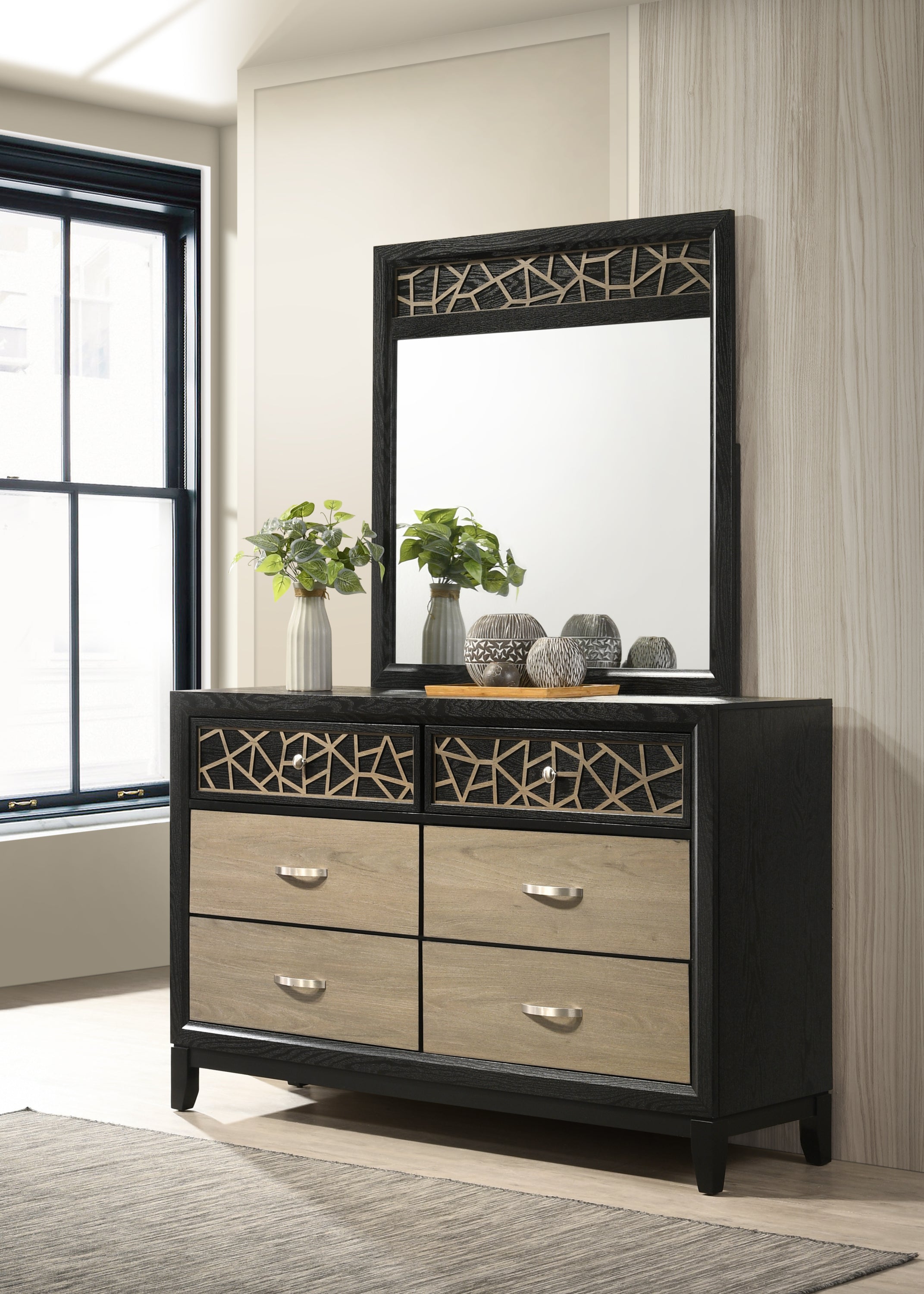 Selena Modern &amp; Contemporary King 4PC Bedroom set Made with Wood in Black and Natural