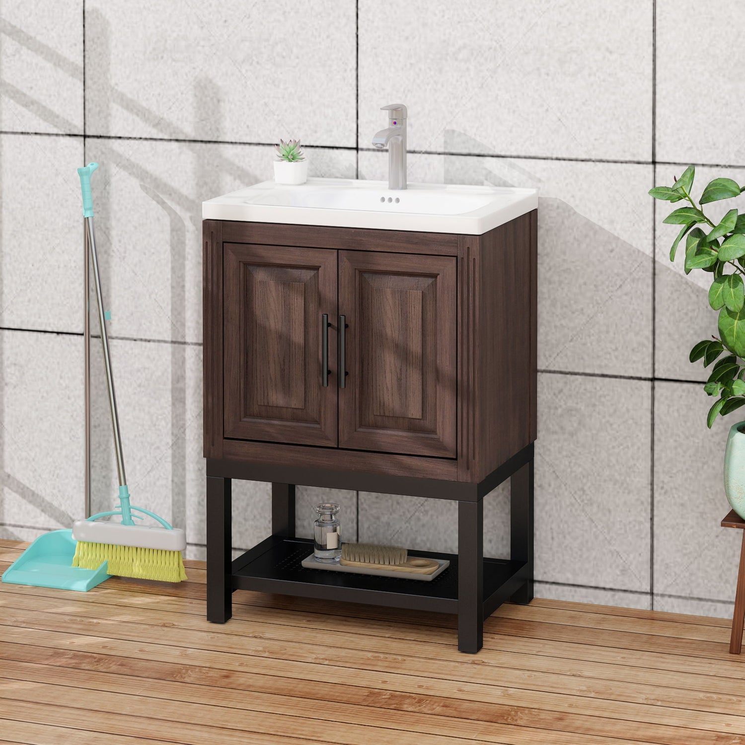 Modern Freestanding Bathroom Vanity With Ceramic Sink, Hot And Cold Faucet, Storage Cabinet &amp; Open Shelf