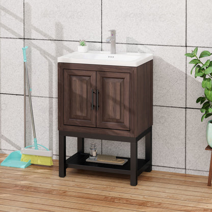 Modern Freestanding Bathroom Vanity With Ceramic Sink, Hot And Cold Faucet, Storage Cabinet &amp; Open Shelf