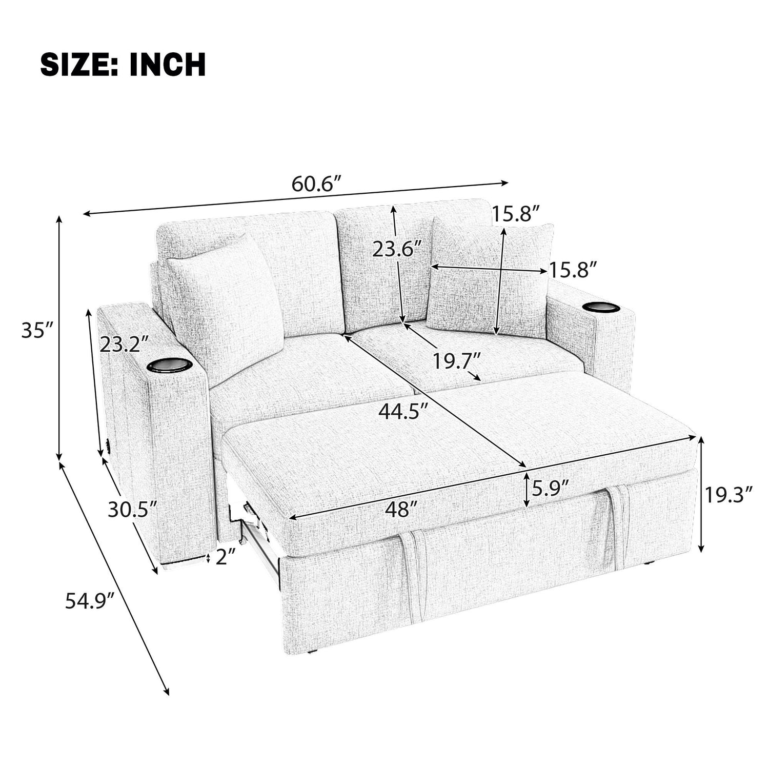 2 Seater Loveseat Sofa With Pull Out Bed, USB Charging, Dual Cup Holders - Beige