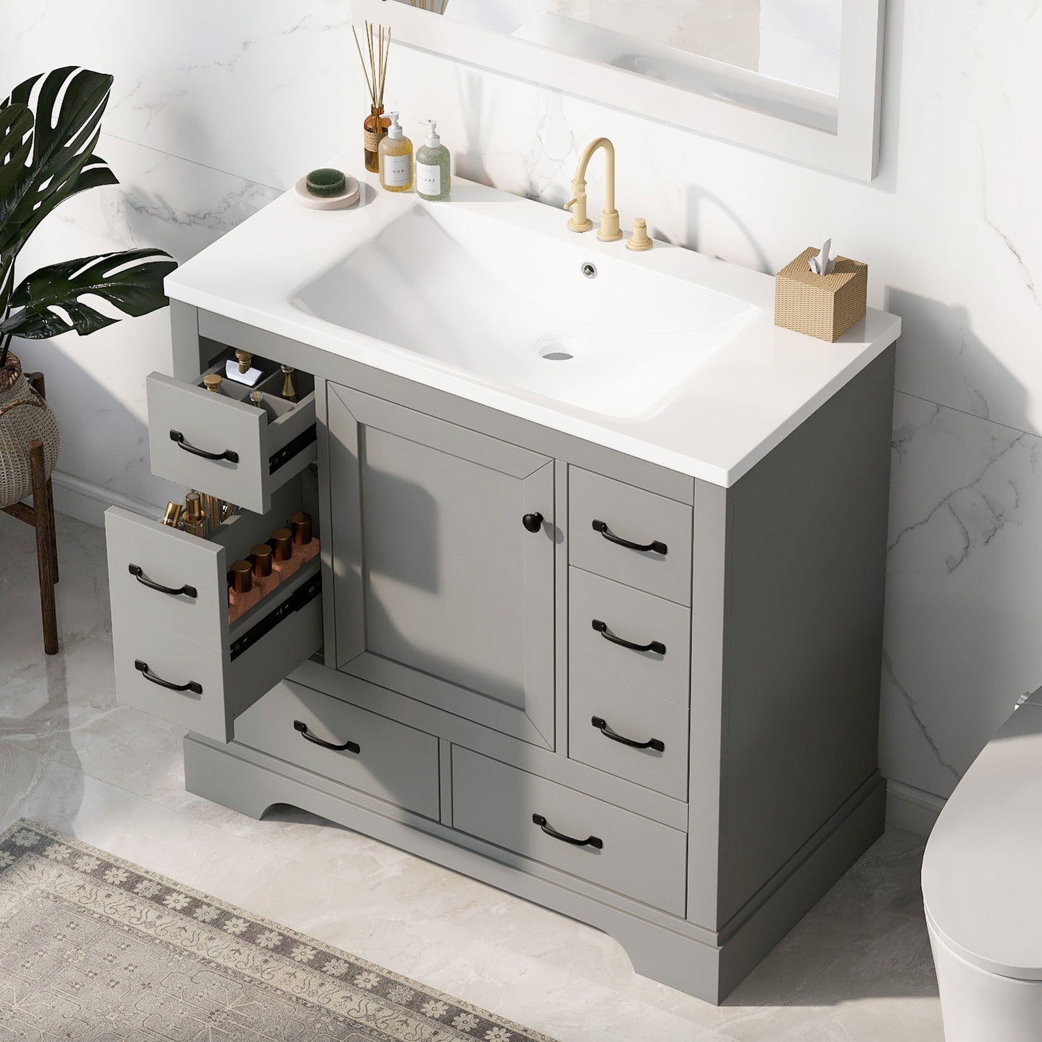 Modern Bathroom Vanity With Sink, 6 Drawers, Adjustable Shelf
