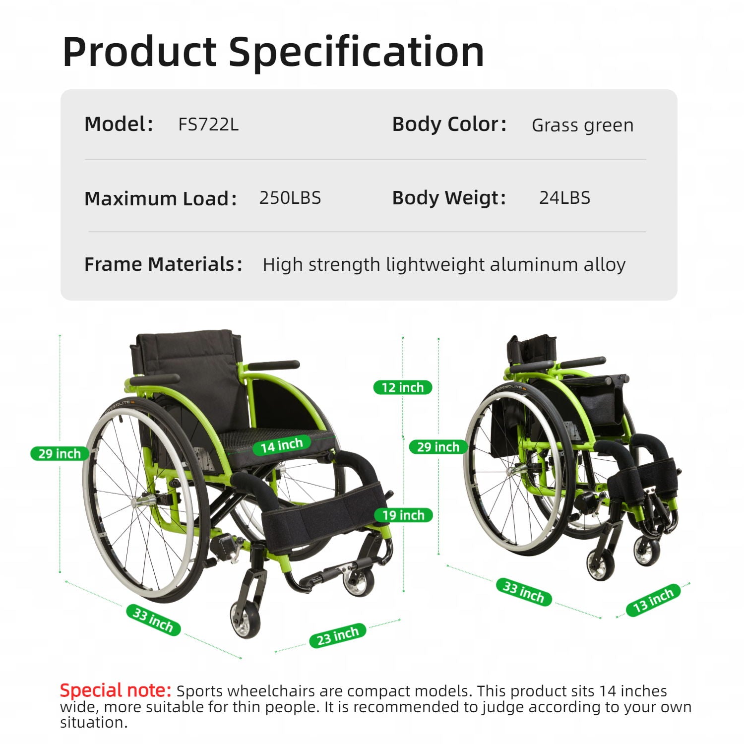Premium Lightweight Foldable Sport Wheelchair All Body Sturdy &amp; Comfortable 250Lbs Capacity Easy Folding 24&quot; Sports Tires Perfect For Outdoor - Black / Green