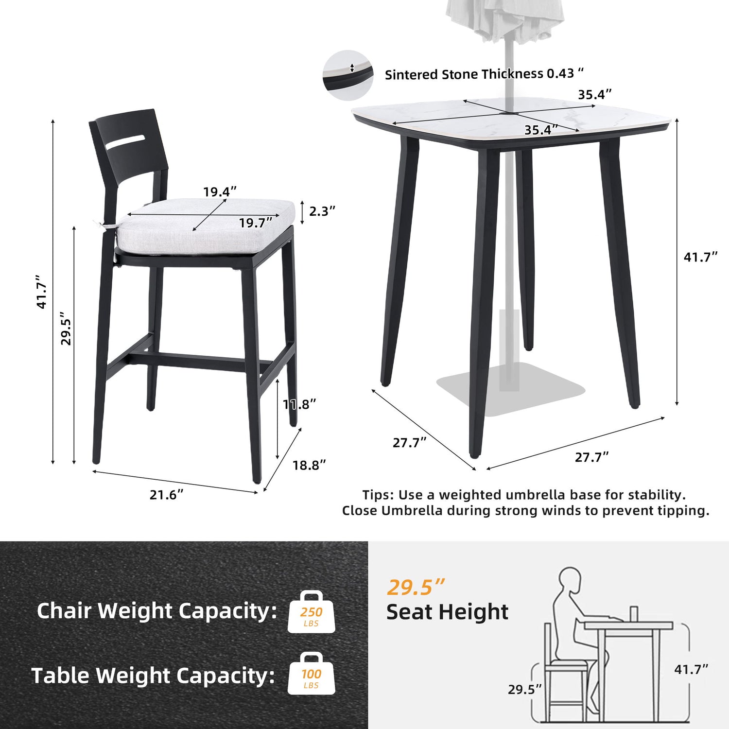 Modern Outdoor Patio Bar Set, Rounded Square Table &amp; Bar Chairs, Non Rust Frame, Tapered Legs, Sunbrella Cushion