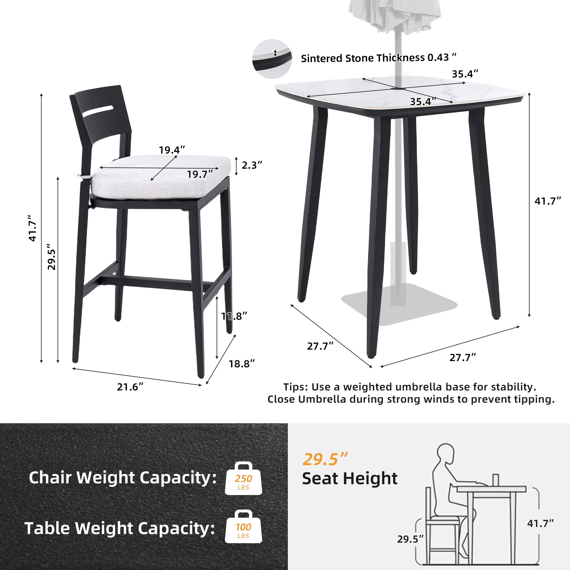 Modern Outdoor Patio Bar Set, Rounded Square Table &amp; Bar Chairs, Non Rust Frame, Tapered Legs, Sunbrella Cushion