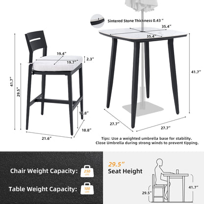 Modern Outdoor Patio Bar Set, Rounded Square Table &amp; Bar Chairs, Non Rust Frame, Tapered Legs, Sunbrella Cushion