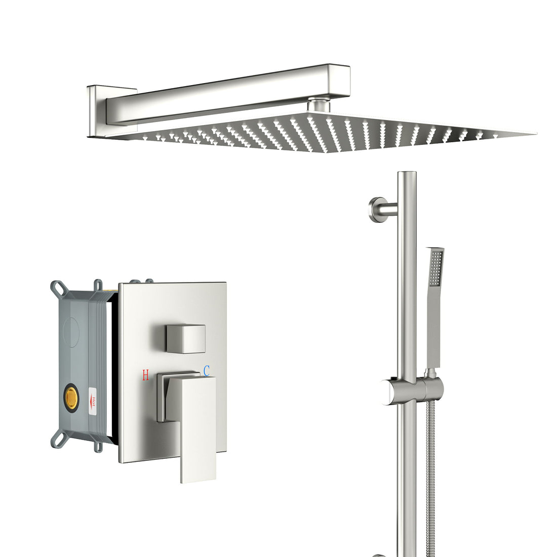 Wall Mounted Shower System With Adjustable Slide Bar And Rough In Valve, 12&quot; Square Design - Brushed Nickel