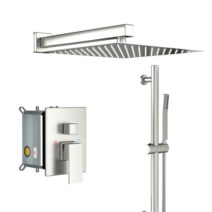 Wall Mounted Shower System With Adjustable Slide Bar And Rough In Valve, 12&quot; Square Design - Brushed Nickel