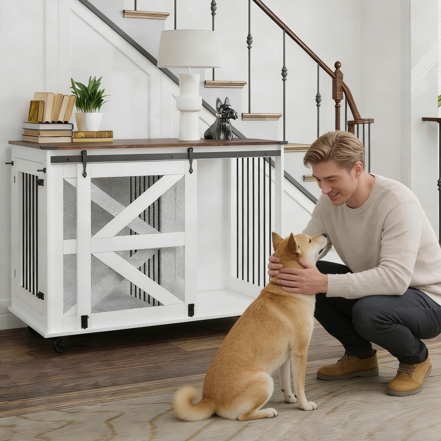 Mobile Dog Crate With Flip Top Feeding Door, Dual Access &amp; 5 Caster System (2 Locking) - Brown White