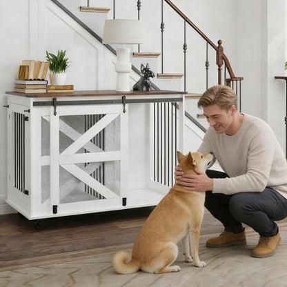 Mobile Dog Crate With Flip Top Feeding Door, Dual Access &amp; 5 Caster System (2 Locking) - Brown White