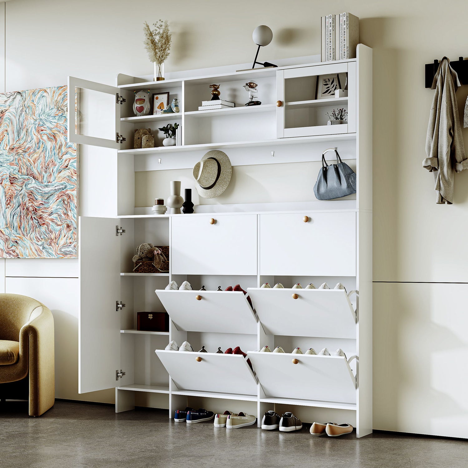 On Trend Multifunctional Tipping Bucket Shoe Cabinet With Storage Shelf &amp; 6 Flip Drawers