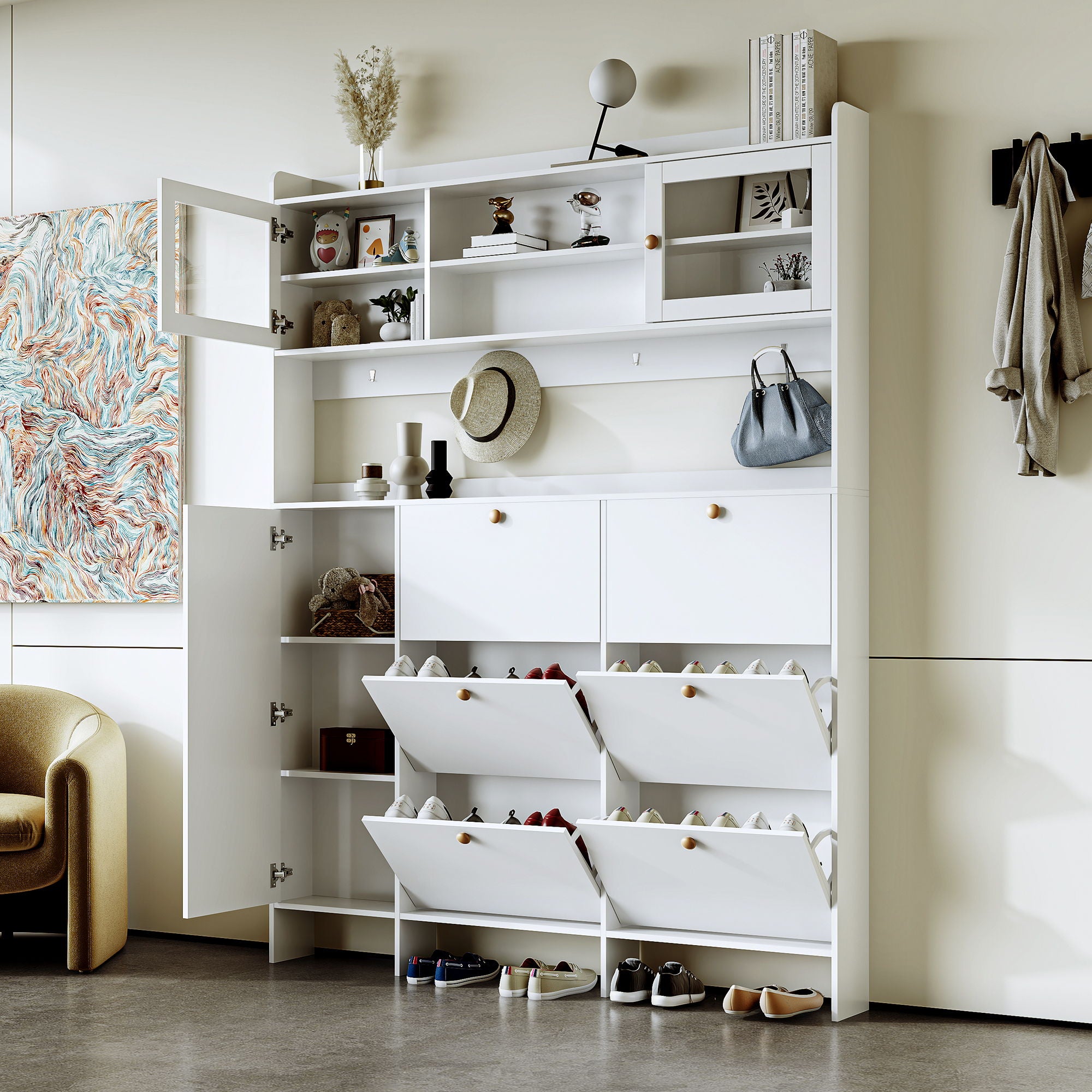 On Trend Multifunctional Tipping Bucket Shoe Cabinet With Storage Shelf &amp; 6 Flip Drawers