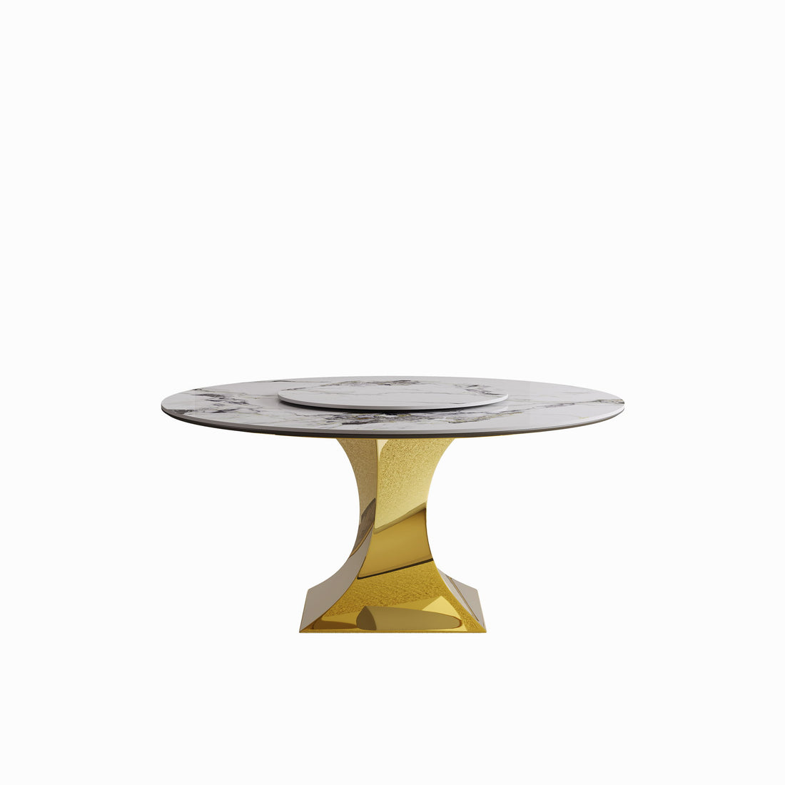Luxury Round 59&quot; Sintered Stone Dining Table With Stainless Steel Hourglass Base, Scratch &amp; Heat Resistant Surface - Golden / White