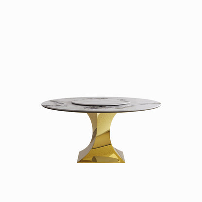Luxury Round 59&quot; Sintered Stone Dining Table With Stainless Steel Hourglass Base, Scratch &amp; Heat Resistant Surface - Golden / White
