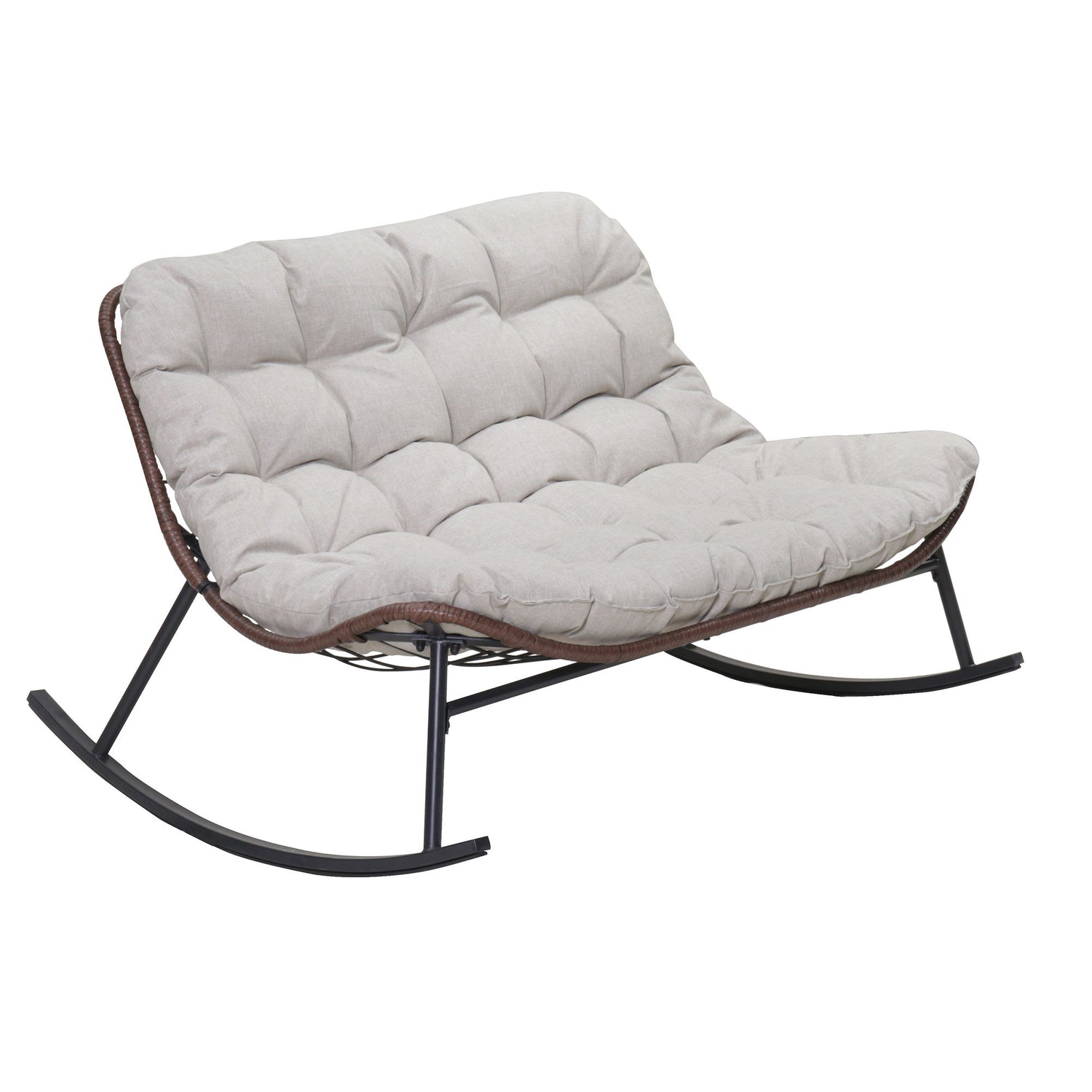 Double Wide Rocking Papasan Chair, 2 Person Outdoor Lounge Seating - Acacia Wood / Beige