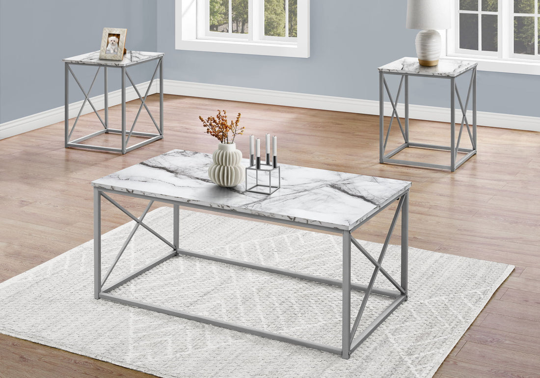 Table Set, Coffee, End, Side, Accent, Living Room, Marble Look Laminate, Contemporary &amp; Modern (Set of 3)