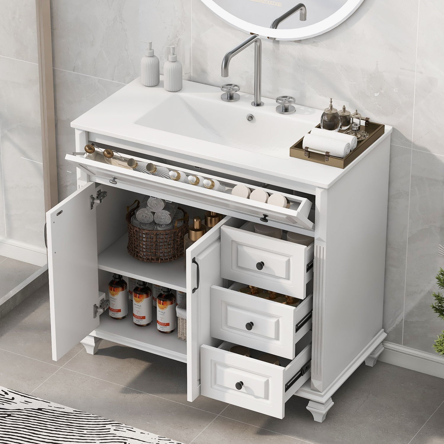 Modern Bathroom Vanity With Sink, 3 Drawers &amp; 2 Doors