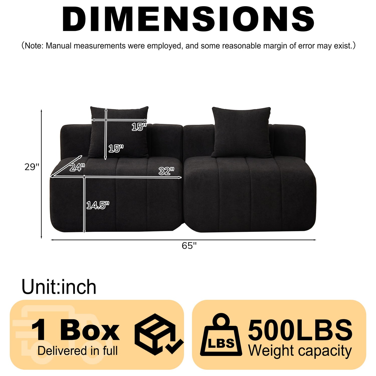 Modular Sectional Sofa With 2 Pillows, Symmetrical Design
