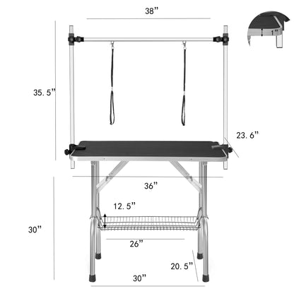 Professional Dog Pet Grooming Table Adjustable Heavy Duty Portable With Arm &amp; Noose &amp; Mesh Tray - Black