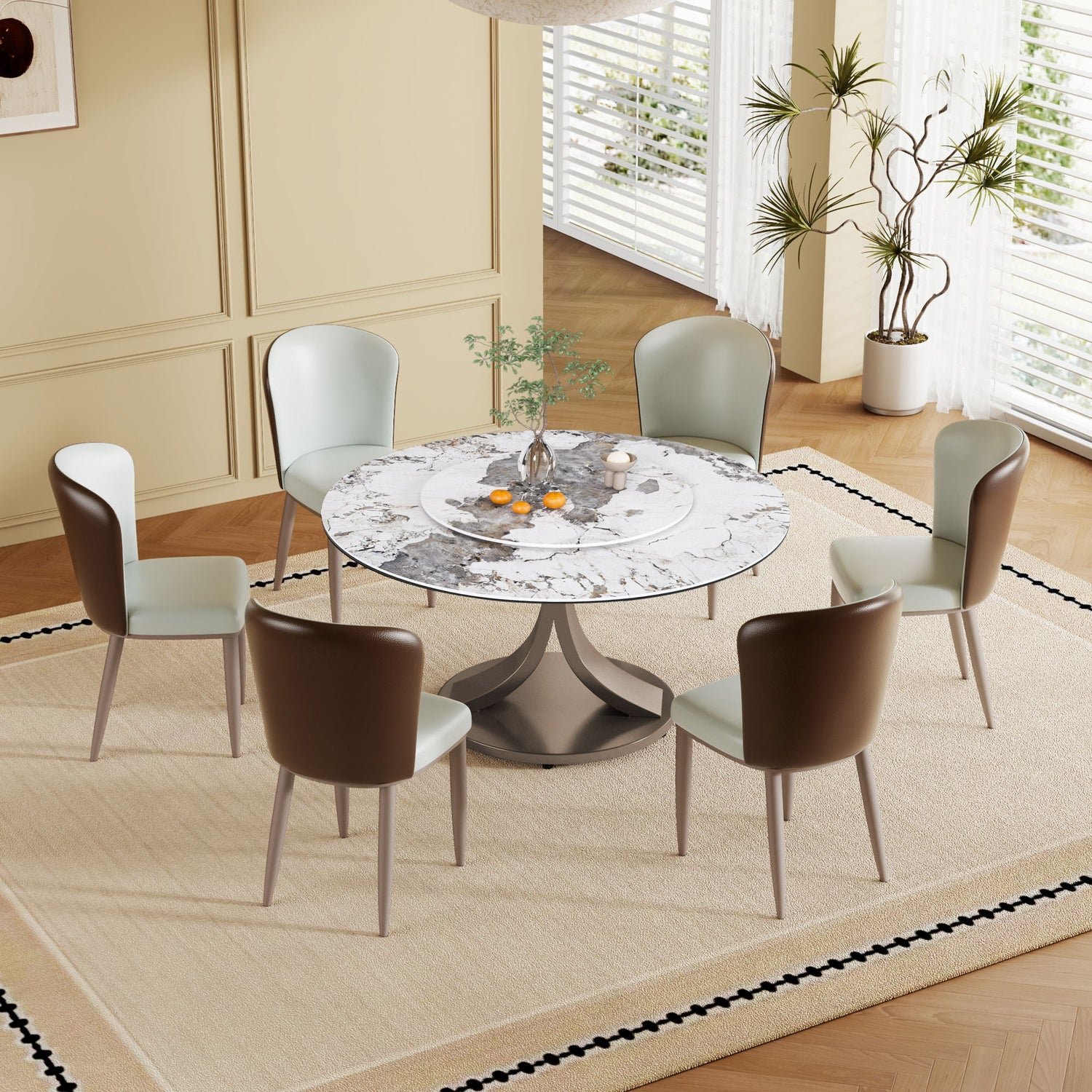 Modern Round Dining Table With 360° Rotating Lazy Susan Scratch &amp; Chairs