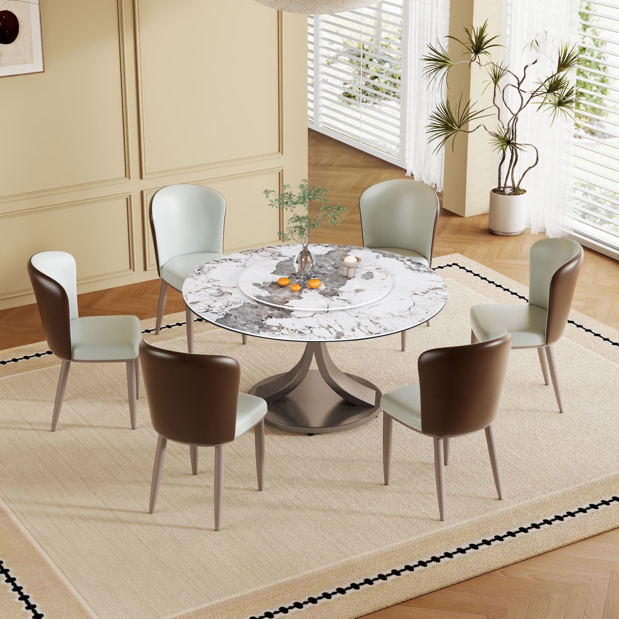 Modern Round Dining Table With 360° Rotating Lazy Susan Scratch &amp; Chairs