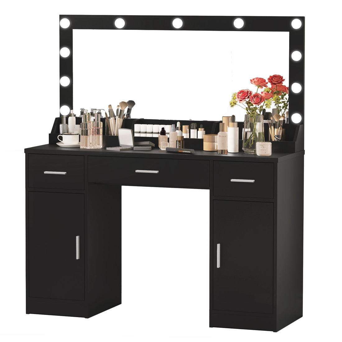 Vanity Desk With Large Mirror, 3 Colour Lighting Modes, Adjustable Brightness, Dresser With 3 Drawers &amp; 2 Vertical Cabinets, Makeup Vanity Table For Women &amp; Girls