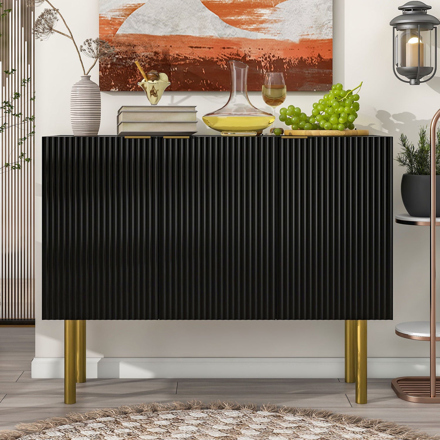 Modern Simple &amp; Luxury Style Sideboard Particle Board &amp; Board Cabinet With Gold Metal Legs &amp; Handles, Adjustable Shelves For Living Room, Dining Room