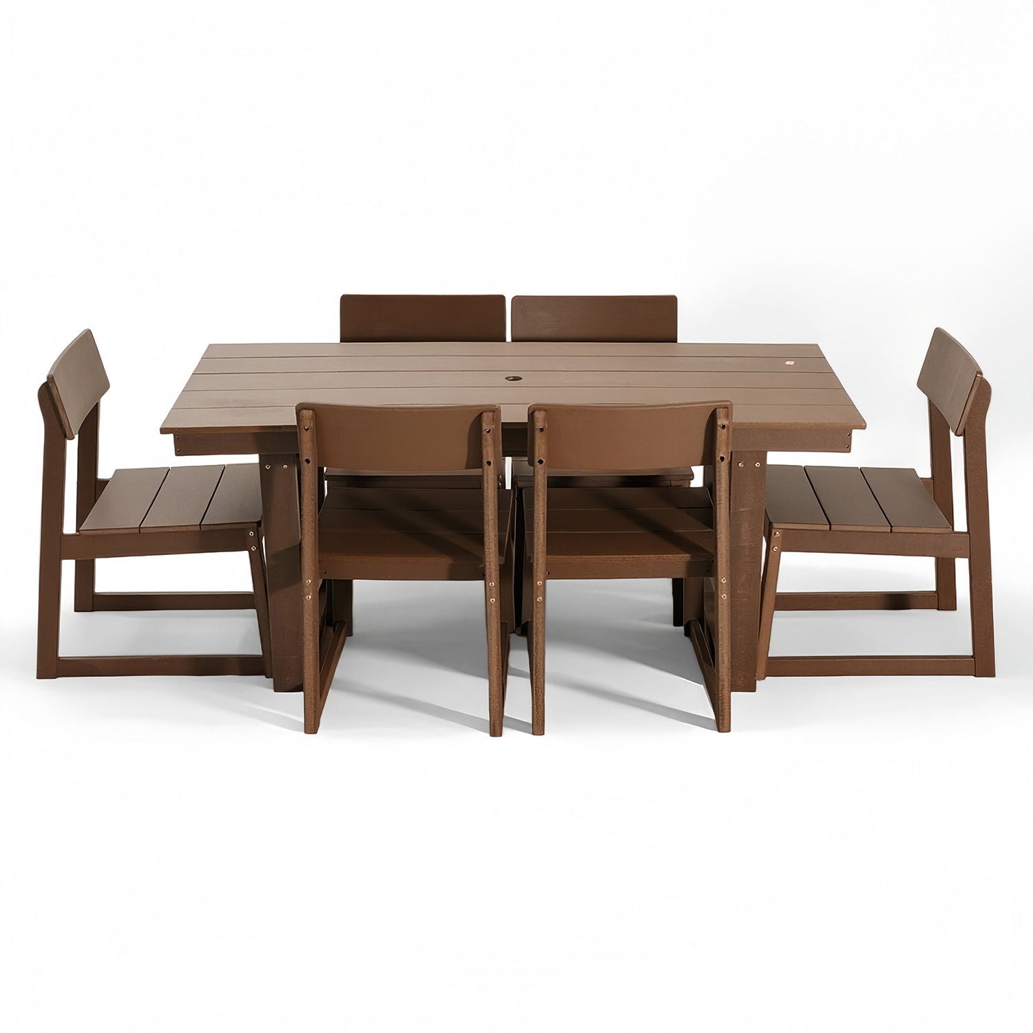 7 Piece Outdoor Dining Set For 6, Table With Umbrella Hole &amp; 6 Armless Chairs For Backyard - Brown