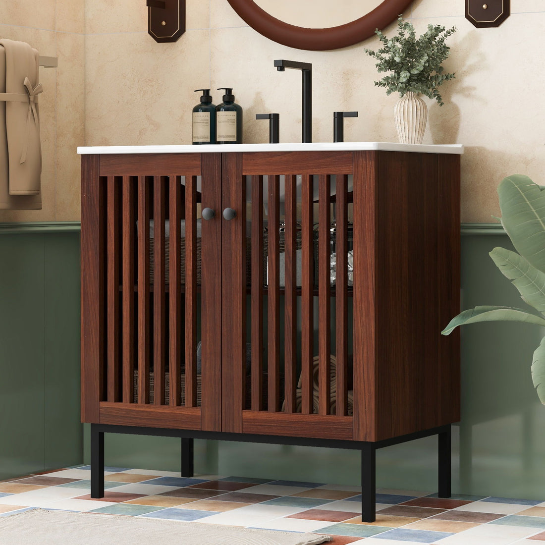 30&quot; Vintage Bathroom Vanity With Ceramic Sink, Modern Bathroom Vanity Cabinet With 2 Soft Close Doors, Equpiied With 4 Sturdy Iron Legs - Antique Dark Brown