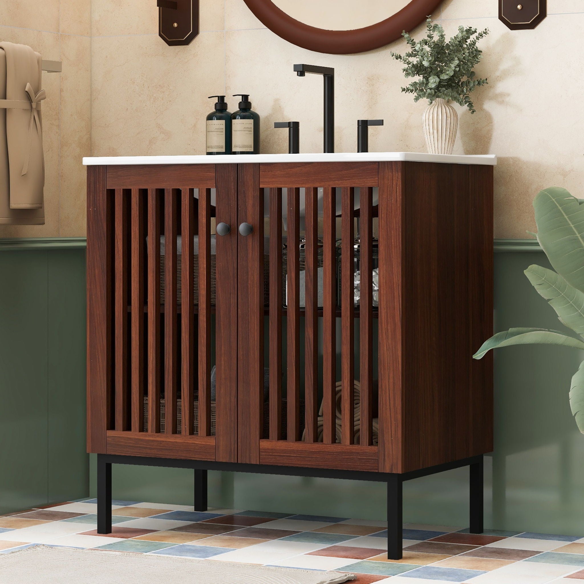 30&quot; Vintage Bathroom Vanity With Ceramic Sink, Modern Bathroom Vanity Cabinet With 2 Soft Close Doors, Equpiied With 4 Sturdy Iron Legs - Antique Dark Brown